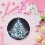 Moderne blauwe, verlichte kerstboom papieren bordje (Feest)