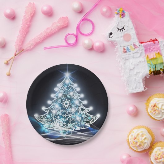 Moderne blauwe, verlichte kerstboom papieren bordje (Feest)