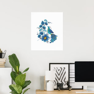 Moderne Blauwe Vogel & Bloemen Petrykivka Kunstpri Poster