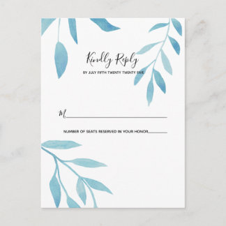 Moderne blauwe Waterverf Floral RSVP Briefkaart