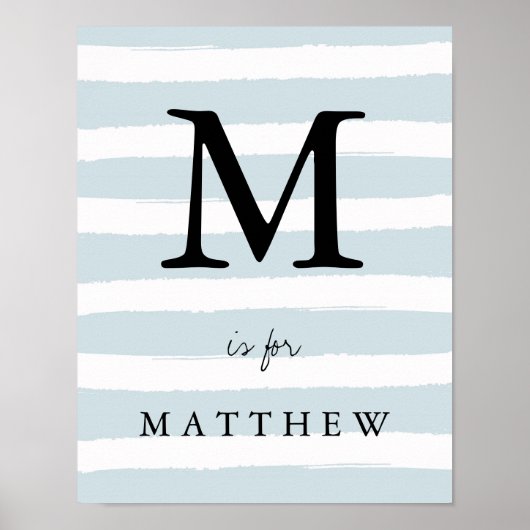 Moderne blauwe Waterverf Stripes met zwart monogra Poster (Voorkant)
