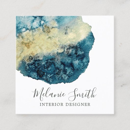 Moderne Blauwe Waterverf Unieke Interieurontwerper Vierkante Visitekaartje (Voorkant)