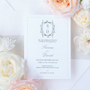 Moderne Blauwe Wildflowers Monogram Crest Wedding Kaart