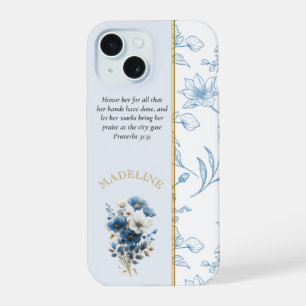Moderne blauwe witte bloemrijke Bijbelvers iPhone 15 Hoesje