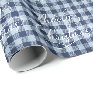Moderne blauwe witte geruite Kerst cadeau Cadeaupapier