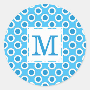 Moderne Blauwe Witte Grote Stippen Monogram Ronde Sticker