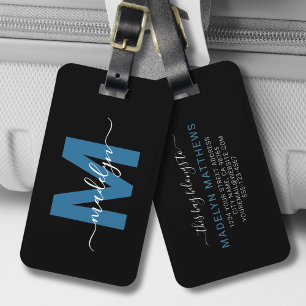 Moderne Blauwe Witte Naam Monogram Bagagelabel
