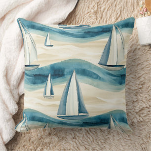 Moderne Blauwe Zeilboot Oceaan Golfpatroon Kussen
