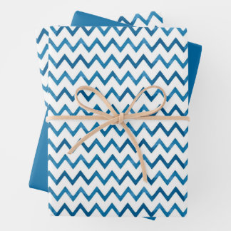 Moderne Blauwe Zigzag Gestreepte Kerstcadeau Inpakpapier Vel