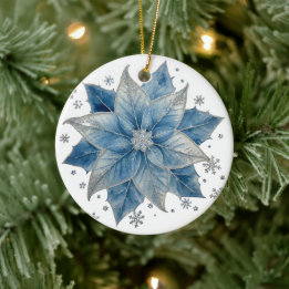 Moderne Blauwe & Zilveren Kerstster Kerstmis Keramisch Ornament