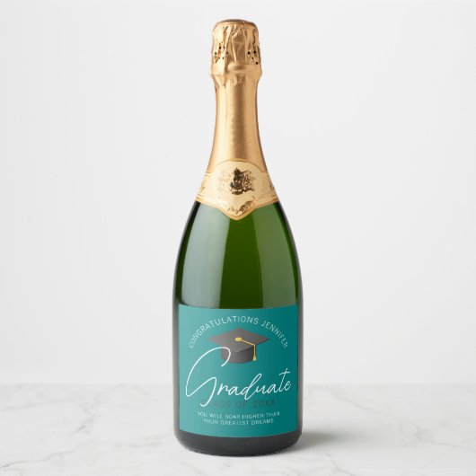 Moderne Blauwgroen Afstuderen aangepaste afstudeer Sparkling Wijnetiket (Voorkant)