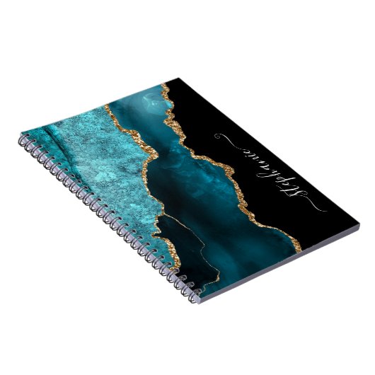 Moderne Blauwgroen Agate Waterverf Gold op maat Notitieboek (Rechterzijde)