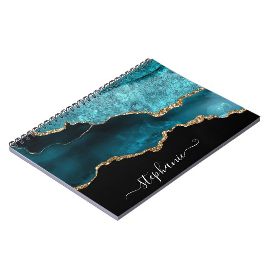 Moderne Blauwgroen Agate Waterverf Gold op maat Notitieboek (Linkerzijde)