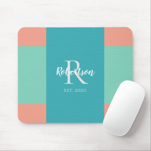 Moderne Blauwgroen, Blauw, en Roze Monogrammed Muismat