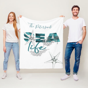 Moderne blauwgroen blauw zee leven typografie en j fleece deken
