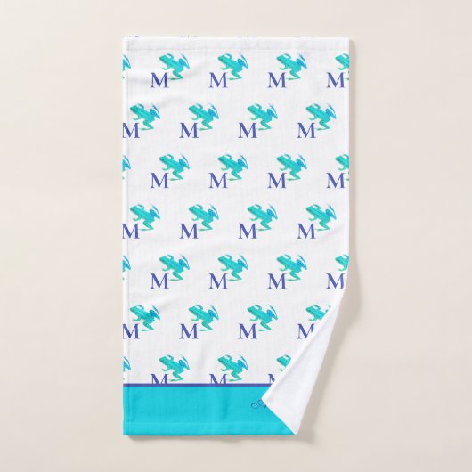 Moderne Blauwgroen blauwe boomkikker Naam monogram Bad Handdoek (Handdoek)