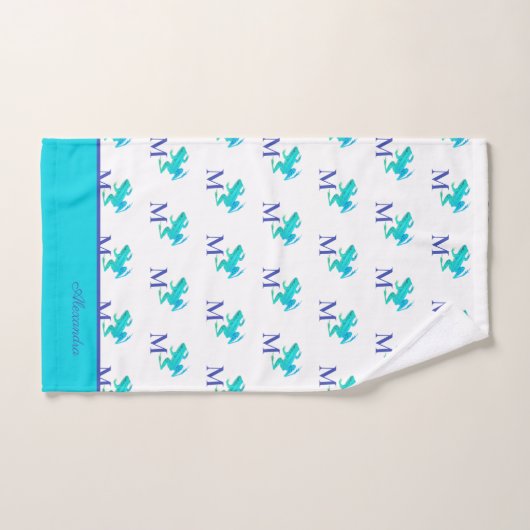 Moderne Blauwgroen blauwe boomkikker Naam monogram Bad Handdoek (Handdoek)