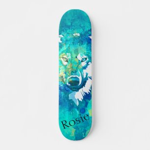Moderne blauwgroen blauwe waterverf wolf skateboard