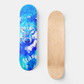 Moderne blauwgroen blauwe witte waterverf wolf skateboard (Voorkant)