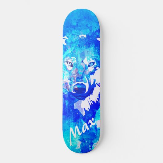 Moderne blauwgroen blauwe witte waterverf wolf skateboard (Voorkant)
