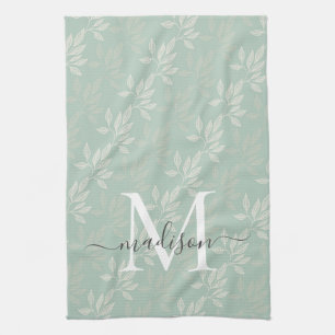 Moderne Blauwgroen botanische bladeren Monogram-na Theedoek