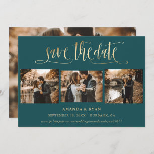 Moderne Blauwgroen en gouden bruiloft 4 Foto slaat Save The Date