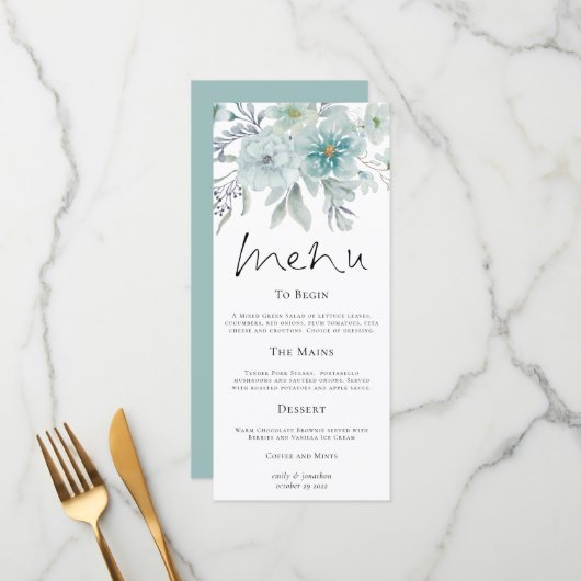 Moderne Blauwgroen Florals Zee Mist Wedding Menu (Voorkant / Achterkant in situ)