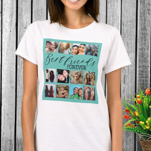 Moderne Blauwgroen fotocollage voor beste vrienden T-shirt