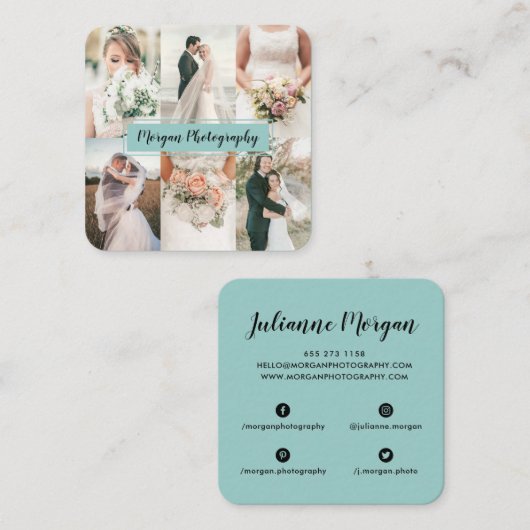 Moderne blauwgroen fotograaf fotocollage vlakte vierkante visitekaartje (Voorkant / Achterkant)