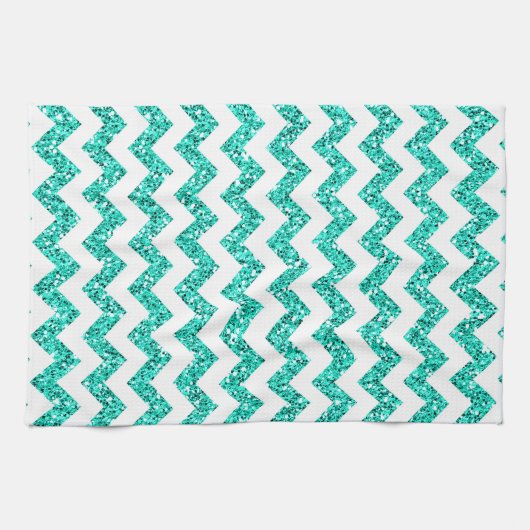 Moderne Blauwgroen Glitter Chevron Keukenschotel H Theedoek (Horizontaal)