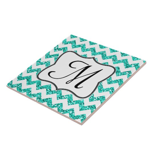 Moderne Blauwgroen Glitter Chevron Monogram Displa Tegeltje (Zijkant)