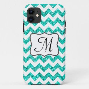 Moderne Blauwgroen Glitter Chevron Monogram IPHONE 11 Hoesje