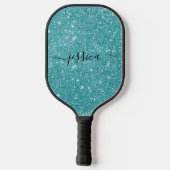 Moderne blauwgroen glitter scriptnaam pickleball paddle (Achterkant)