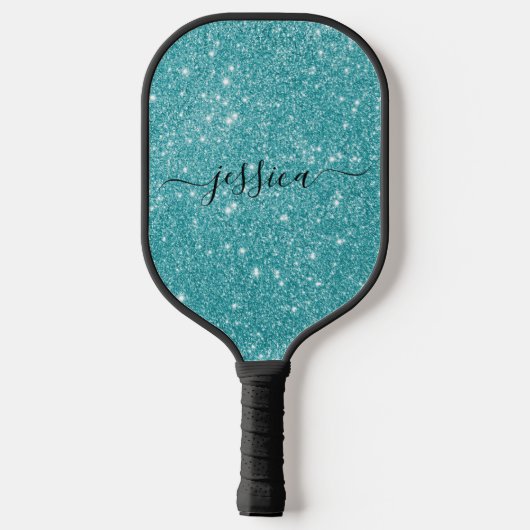 Moderne blauwgroen glitter scriptnaam pickleball paddle (Achterkant)