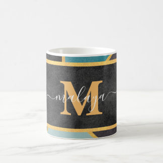 Moderne Blauwgroen Gold Line Monogram Koffiemok