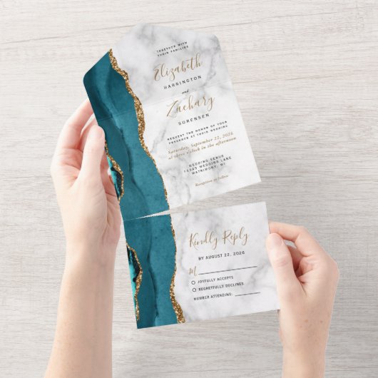 Moderne Blauwgroen gouden agaat marmeren bruiloft All In One Uitnodiging (Afscheurbaar)