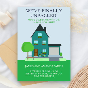 Moderne Blauwgroen Groene Huis Housewarming Party Kaart