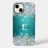 Moderne Blauwgroen Holografische Faux Glitter Mono Case-Mate iPhone Case (Achterkant)