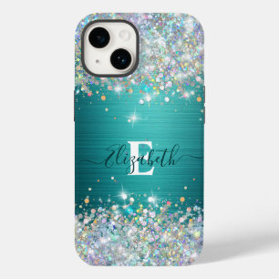 Moderne Blauwgroen Holografische Faux Glitter Mono Case-Mate iPhone 14 Hoesje