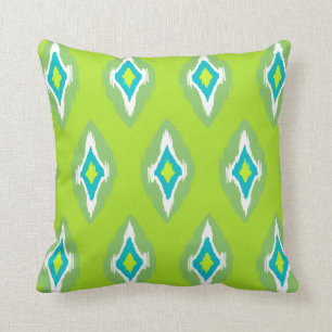 Moderne blauwgroen limoen witte Ikat Tribal Patroo Kussen