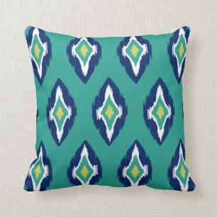 Moderne blauwgroen marinewitte Ikat Tribal Patroon Kussen