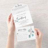 Moderne Blauwgroen Roze Pastel Eucalyptus Bruiloft All In One Uitnodiging (Afscheurbaar)