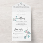 Moderne Blauwgroen Roze Pastel Eucalyptus Bruiloft All In One Uitnodiging (Binnen)
