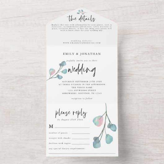 Moderne Blauwgroen Roze Pastel Eucalyptus Bruiloft All In One Uitnodiging (Binnen)