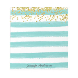 Moderne Blauwgroen Stripe Gold Confetti personalis Notitieblok