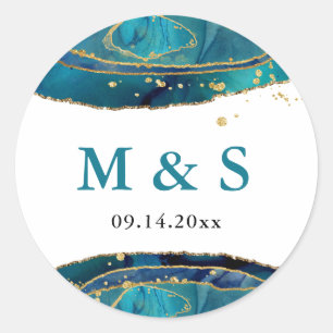 Moderne Blauwgroen Waterverf Gold Agate op maat Ronde Sticker