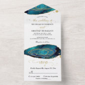 Moderne Blauwgroen Waterverf Gold Agate Wedding All In One Uitnodiging (Binnen)