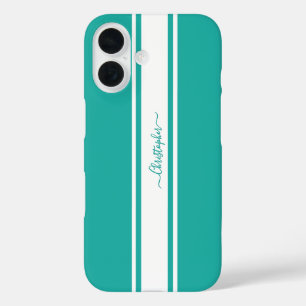 Moderne Blauwgroen witte racestripes monogrammed C iPhone 16 Hoesje
