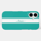 Moderne Blauwgroen witte racestripes monogrammed C Case-Mate iPhone Case (Achterkant (horizontaal))