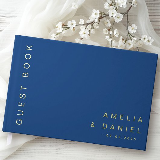 Moderne bleu foncé brun mariage noms date feuille